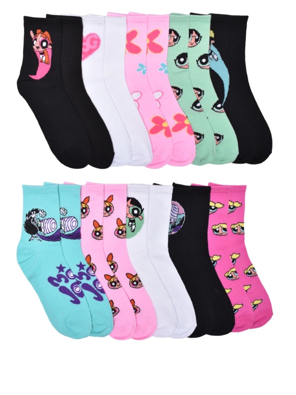 Women POWERPUFF GIRLS Crew Socks - Pink, Black, White & Mint Set size 4-10